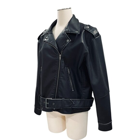 Wild Fable Faux Leather Moto Jacket Black NWT Belted Biker Medium Streetwear - Picture 9 of 10